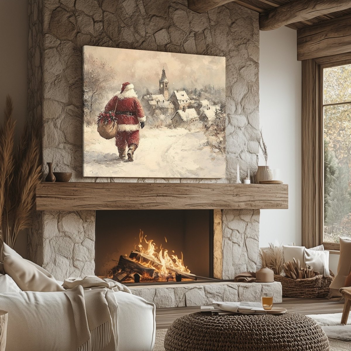 Santa Claus Canvas Print – Iconic Red Suit, Snowy Path to a Cozy Holiday Village - Everything Pixel