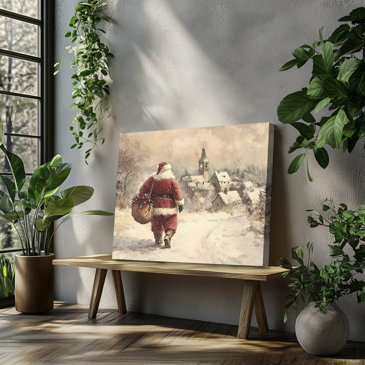 Santa Claus Canvas Print – Iconic Red Suit, Snowy Path to a Cozy Holiday Village - Everything Pixel