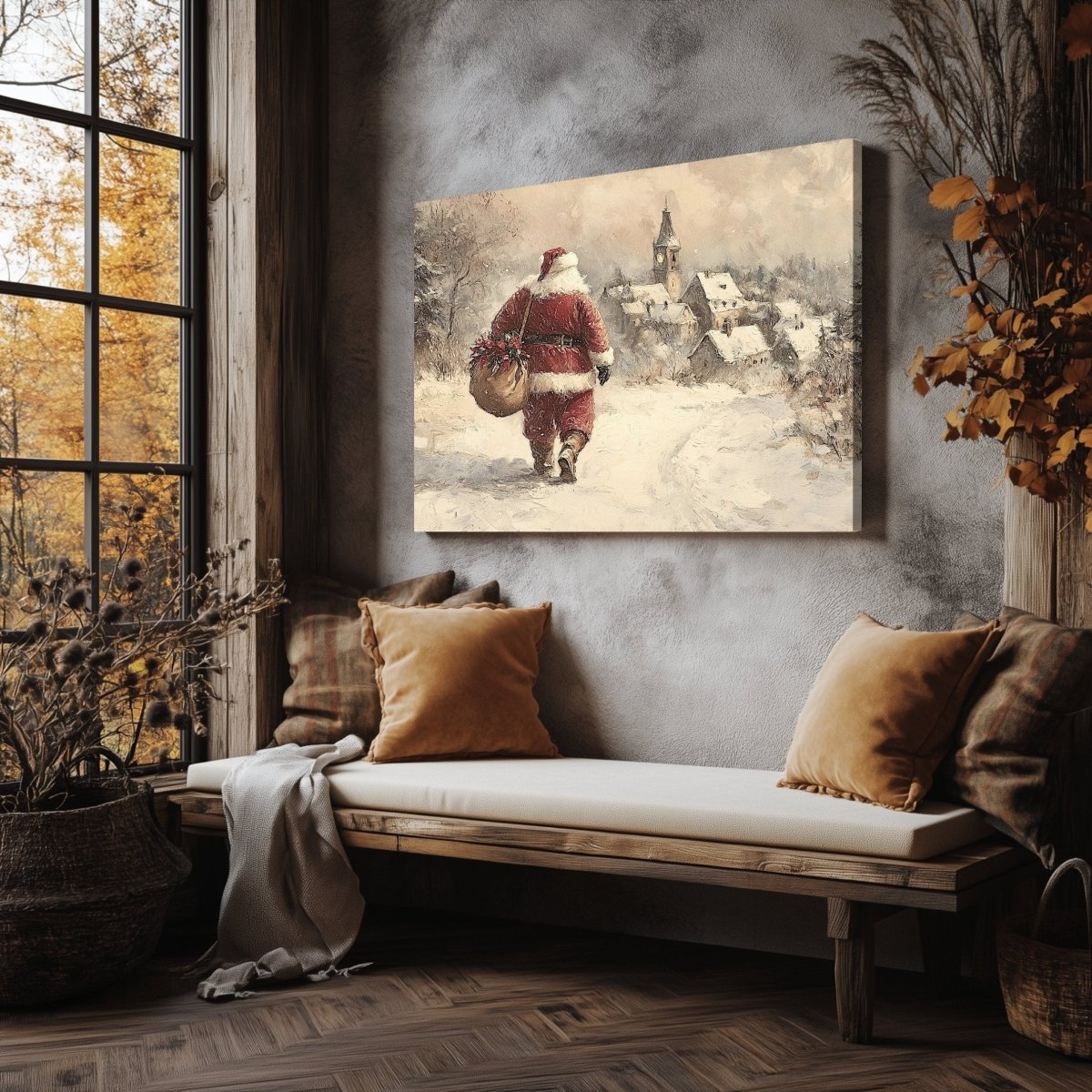 Santa Claus Canvas Print – Iconic Red Suit, Snowy Path to a Cozy Holiday Village - Everything Pixel