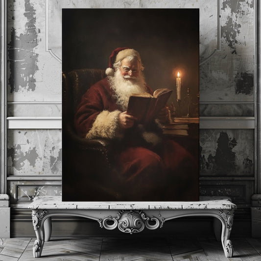 Santa Claus Reading by Candlelight - Cozy Christmas Canvas Print for Vintage Holiday Decor - Everything Pixel