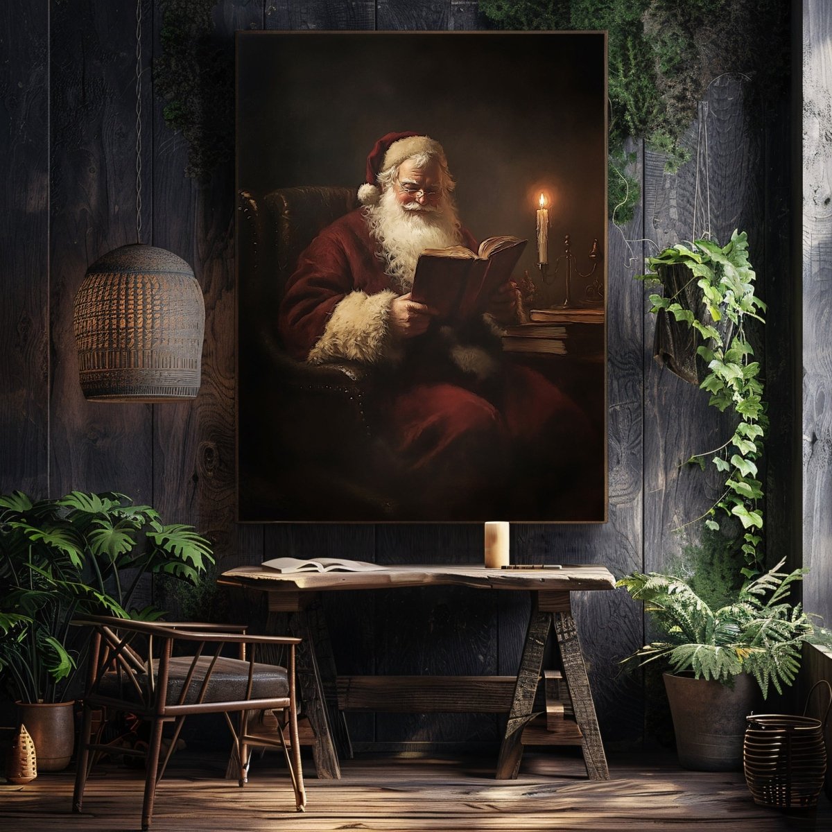 Santa Claus Reading by Candlelight - Cozy Christmas Wall Art Print for Holiday Decor - Everything Pixel