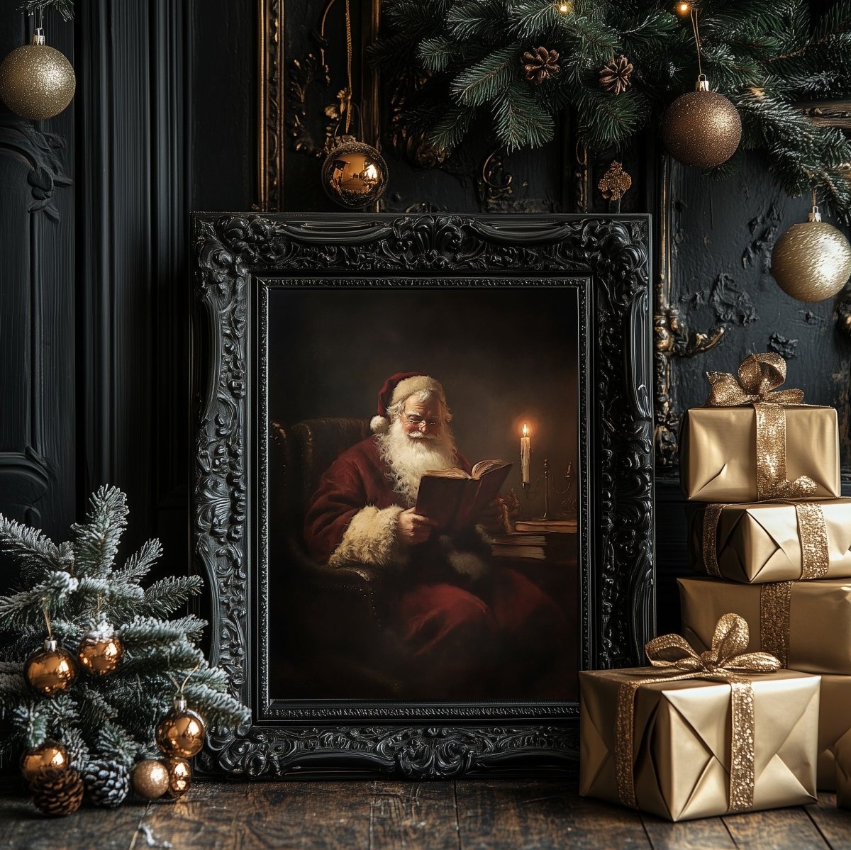 Santa Claus Reading by Candlelight - Cozy Christmas Wall Art Print for Holiday Decor - Everything Pixel