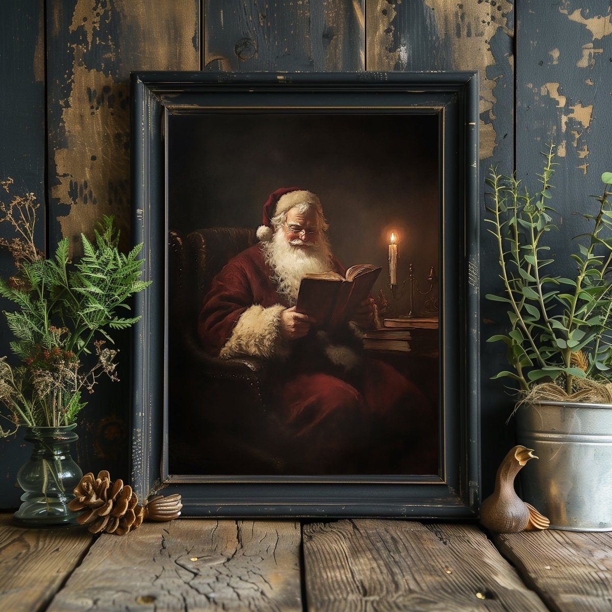 Santa Claus Reading by Candlelight - Cozy Christmas Wall Art Print for Holiday Decor - Everything Pixel