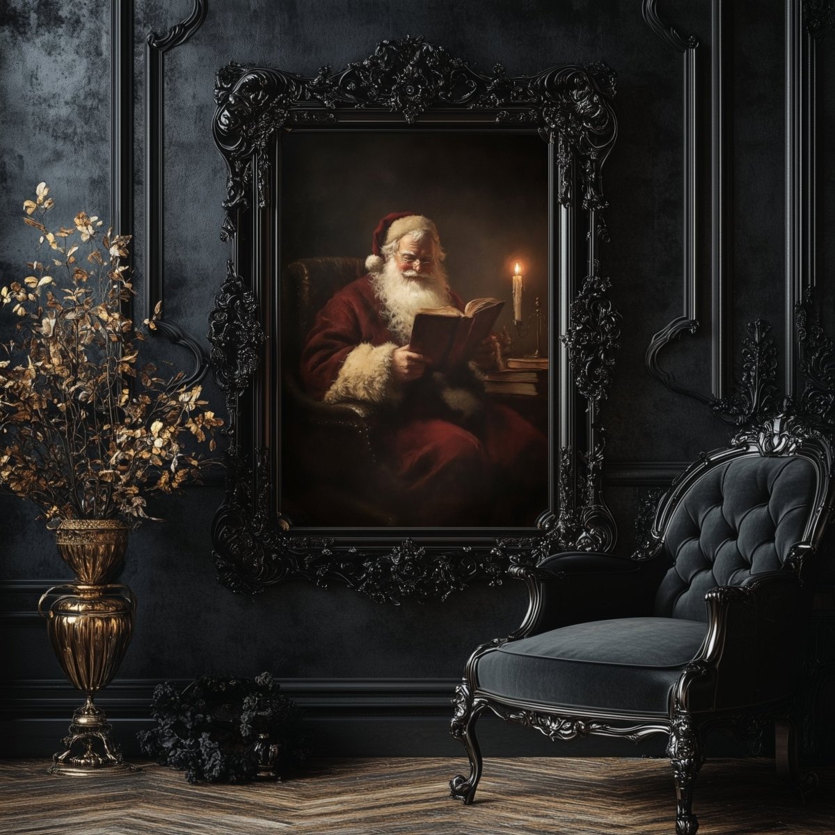 Santa Claus Reading by Candlelight - Cozy Christmas Wall Art Print for Holiday Decor - Everything Pixel