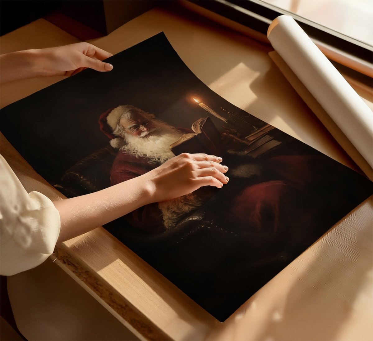 Santa Claus Reading by Candlelight - Cozy Christmas Wall Art Print for Holiday Decor - Everything Pixel