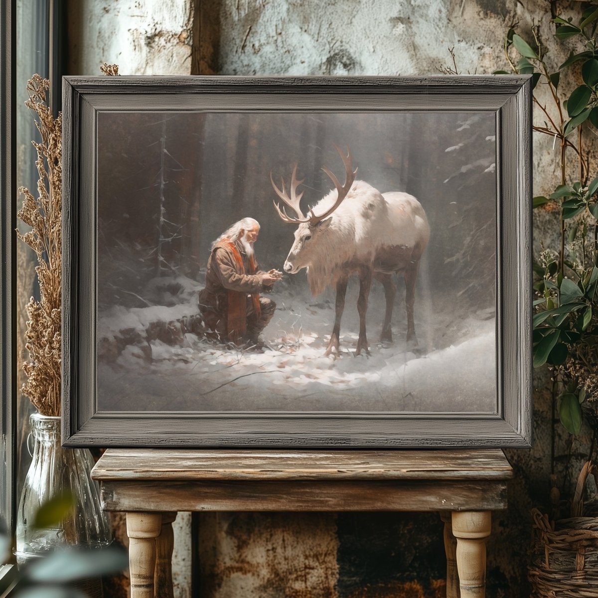 Santa with Companion Wall Art Vintage Reindeer Painting Charming Christmas Scene Muted Seasonal Santa Claus with Reindeer Artwork Paper Poster Print - Everything Pixel