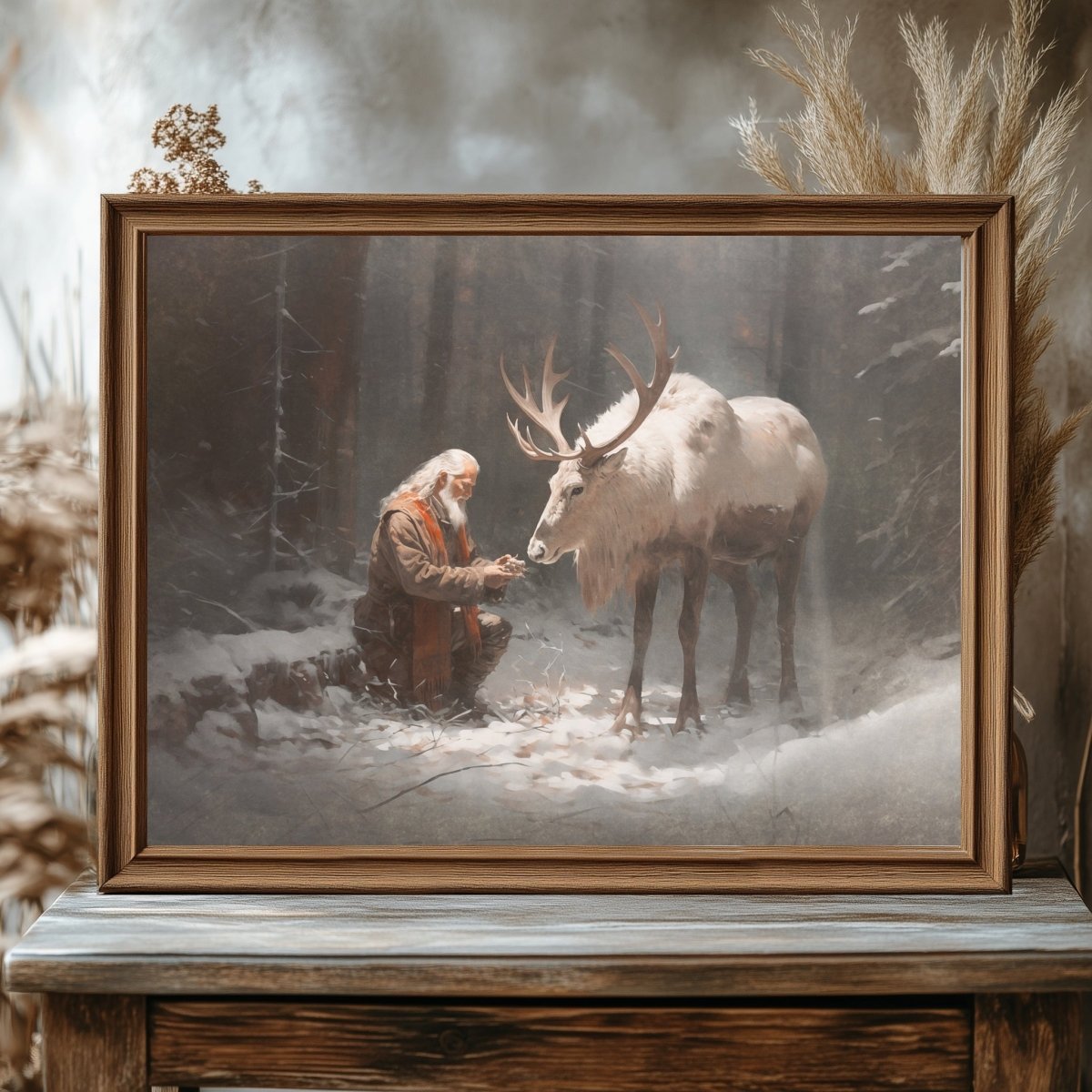 Santa with Companion Wall Art Vintage Reindeer Painting Charming Christmas Scene Muted Seasonal Santa Claus with Reindeer Artwork Paper Poster Print - Everything Pixel