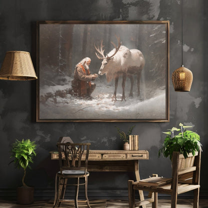 Santa with Companion Wall Art Vintage Reindeer Painting Charming Christmas Scene Muted Seasonal Santa Claus with Reindeer Artwork Paper Poster Print - Everything Pixel