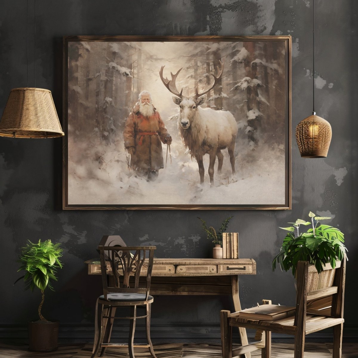 Santa with Reindeer Companion Wall Art Vintage Reindeer Painting Charming Christmas Scene Muted Rustic Seasonal Winter Artwork Paper Poster Print - Everything Pixel