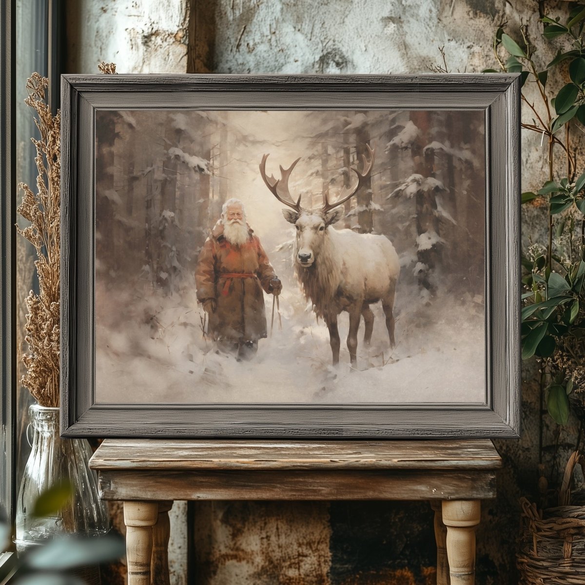 Santa with Reindeer Companion Wall Art Vintage Reindeer Painting Charming Christmas Scene Muted Rustic Seasonal Winter Artwork Paper Poster Print - Everything Pixel