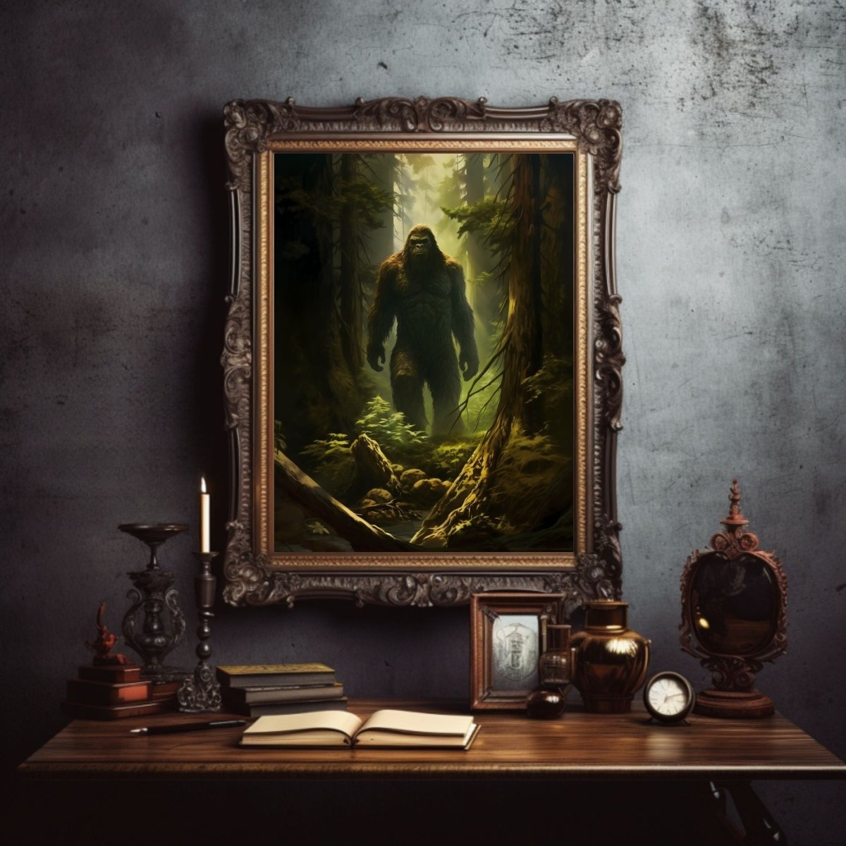 Sasquatsch Wall Art Spooky Mysterious Bigfoot Wall Decor Eerie Dark Forest Painting Dark Cottagecore Gothic Print Cryptid Paper Poster Prints - Everything Pixel