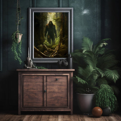 Sasquatsch Wall Art Spooky Mysterious Bigfoot Wall Decor Eerie Dark Forest Painting Dark Cottagecore Gothic Print Cryptid Paper Poster Prints - Everything Pixel