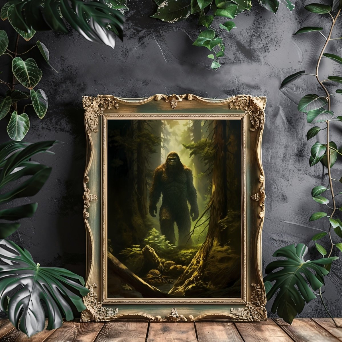 Sasquatsch Wall Art Spooky Mysterious Bigfoot Wall Decor Eerie Dark Forest Painting Dark Cottagecore Gothic Print Cryptid Paper Poster Prints - Everything Pixel