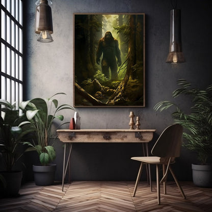 Sasquatsch Wall Art Spooky Mysterious Bigfoot Wall Decor Eerie Dark Forest Painting Dark Cottagecore Gothic Print Cryptid Paper Poster Prints - Everything Pixel