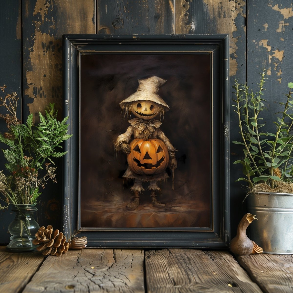 Scarecrow with Pumpkin Halloween Wall Art Vintage Oil Painting Spooky Decor Dark Cottagecore Gothic Poster Dark Academia Art Paper Poster Print - Everything Pixel