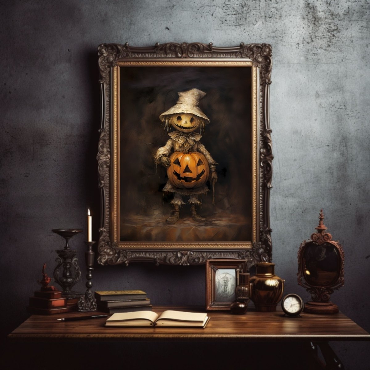 Scarecrow with Pumpkin Halloween Wall Art Vintage Oil Painting Spooky Decor Dark Cottagecore Gothic Poster Dark Academia Art Paper Poster Print - Everything Pixel