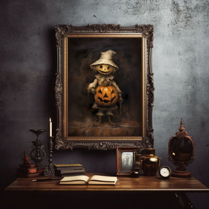 Scarecrow with Pumpkin Halloween Wall Art Vintage Oil Painting Spooky Decor Dark Cottagecore Gothic Poster Dark Academia Art Paper Poster Print - Everything Pixel