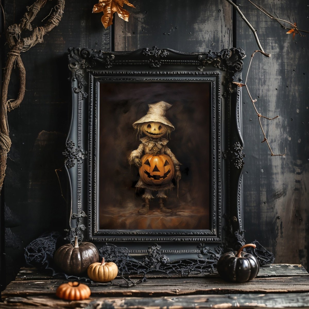 Scarecrow with Pumpkin Halloween Wall Art Vintage Oil Painting Spooky Decor Dark Cottagecore Gothic Poster Dark Academia Art Paper Poster Print - Everything Pixel