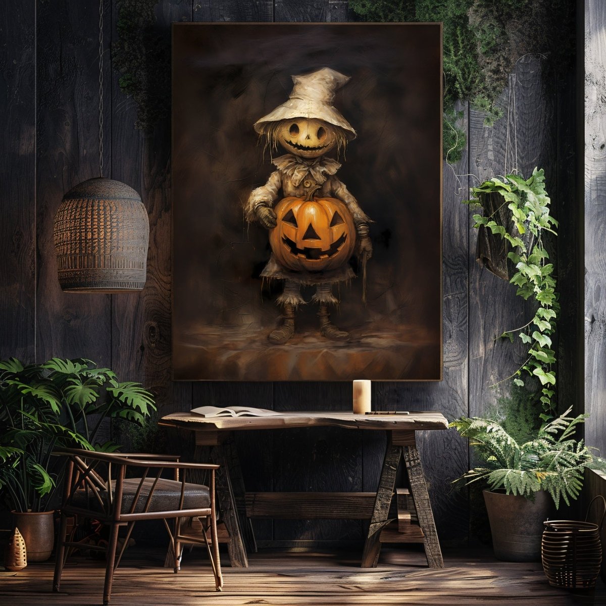 Scarecrow with Pumpkin Halloween Wall Art Vintage Oil Painting Spooky Decor Dark Cottagecore Gothic Poster Dark Academia Art Paper Poster Print - Everything Pixel