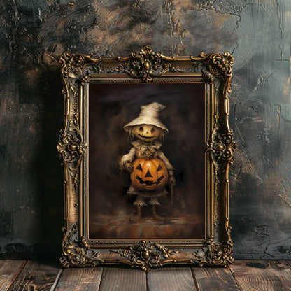 Scarecrow with Pumpkin Halloween Wall Art Vintage Oil Painting Spooky Decor Dark Cottagecore Gothic Poster Dark Academia Art Paper Poster Print - Everything Pixel