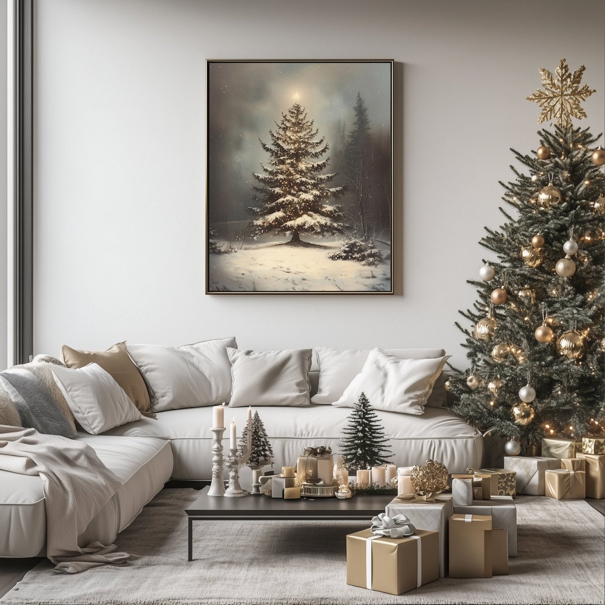 Serene Christmas Tree Wall Art Print – Peaceful Snowy Landscape with Glowing Lights - Everything Pixel