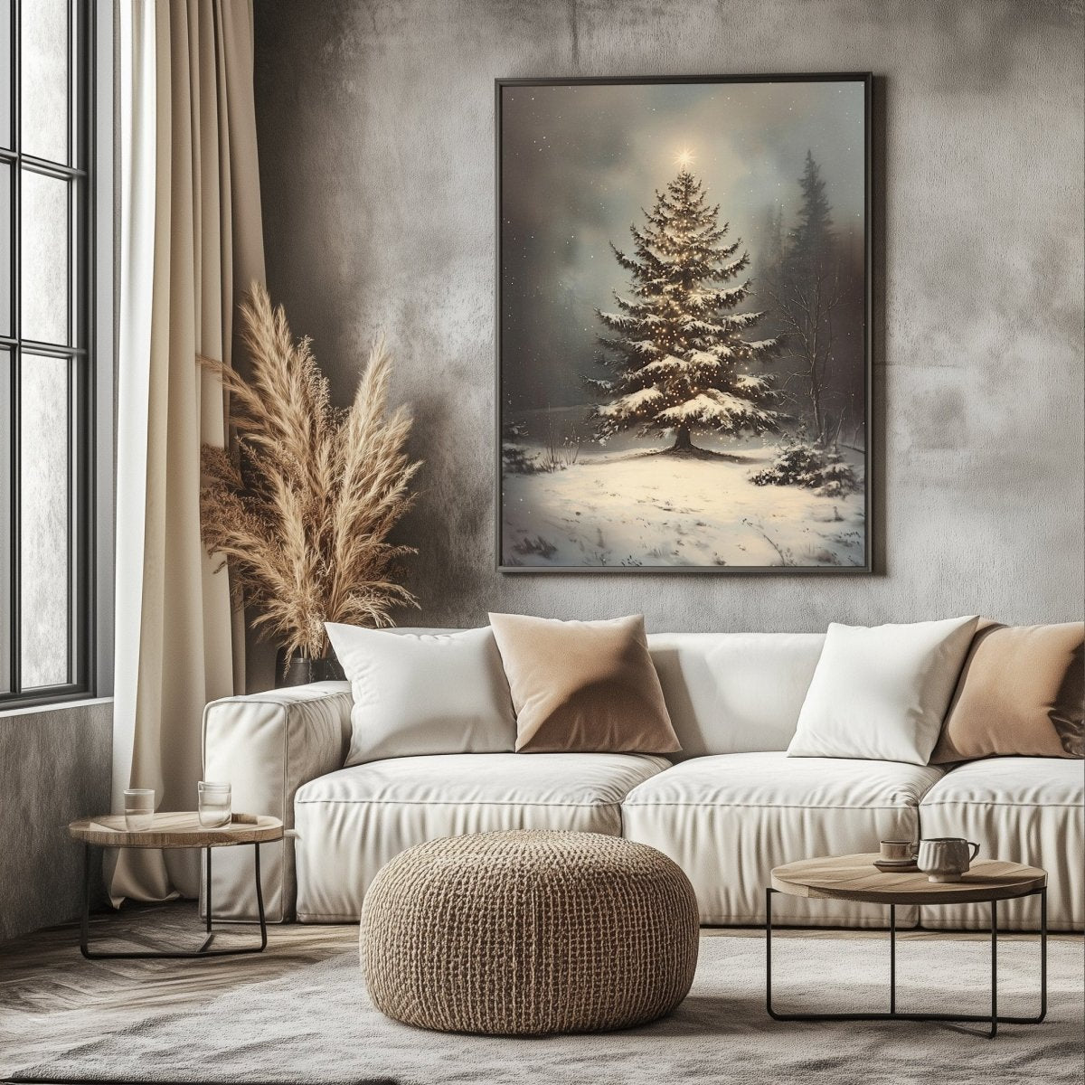 Serene Christmas Tree Wall Art Print – Peaceful Snowy Landscape with Glowing Lights - Everything Pixel