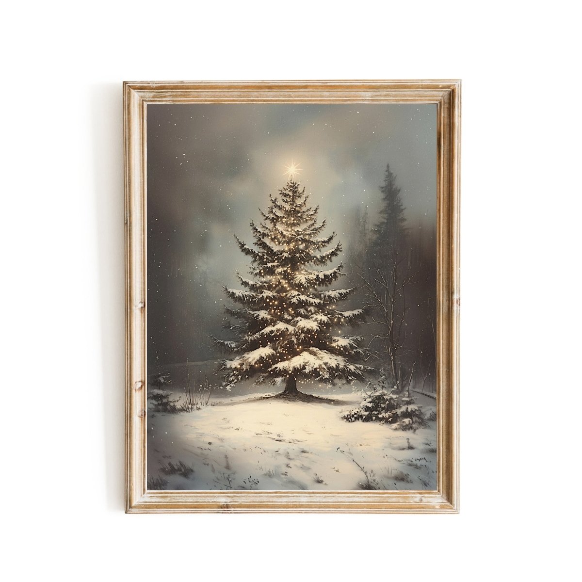 Serene Christmas Tree Wall Art Print – Peaceful Snowy Landscape with Glowing Lights - Everything Pixel