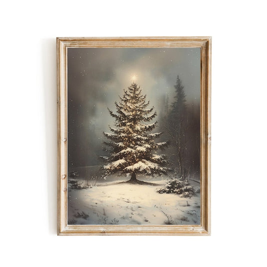 Serene Christmas Tree Wall Art Print – Peaceful Snowy Landscape with Glowing Lights - Everything Pixel