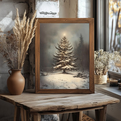 Serene Christmas Tree Wall Art Print – Peaceful Snowy Landscape with Glowing Lights - Everything Pixel