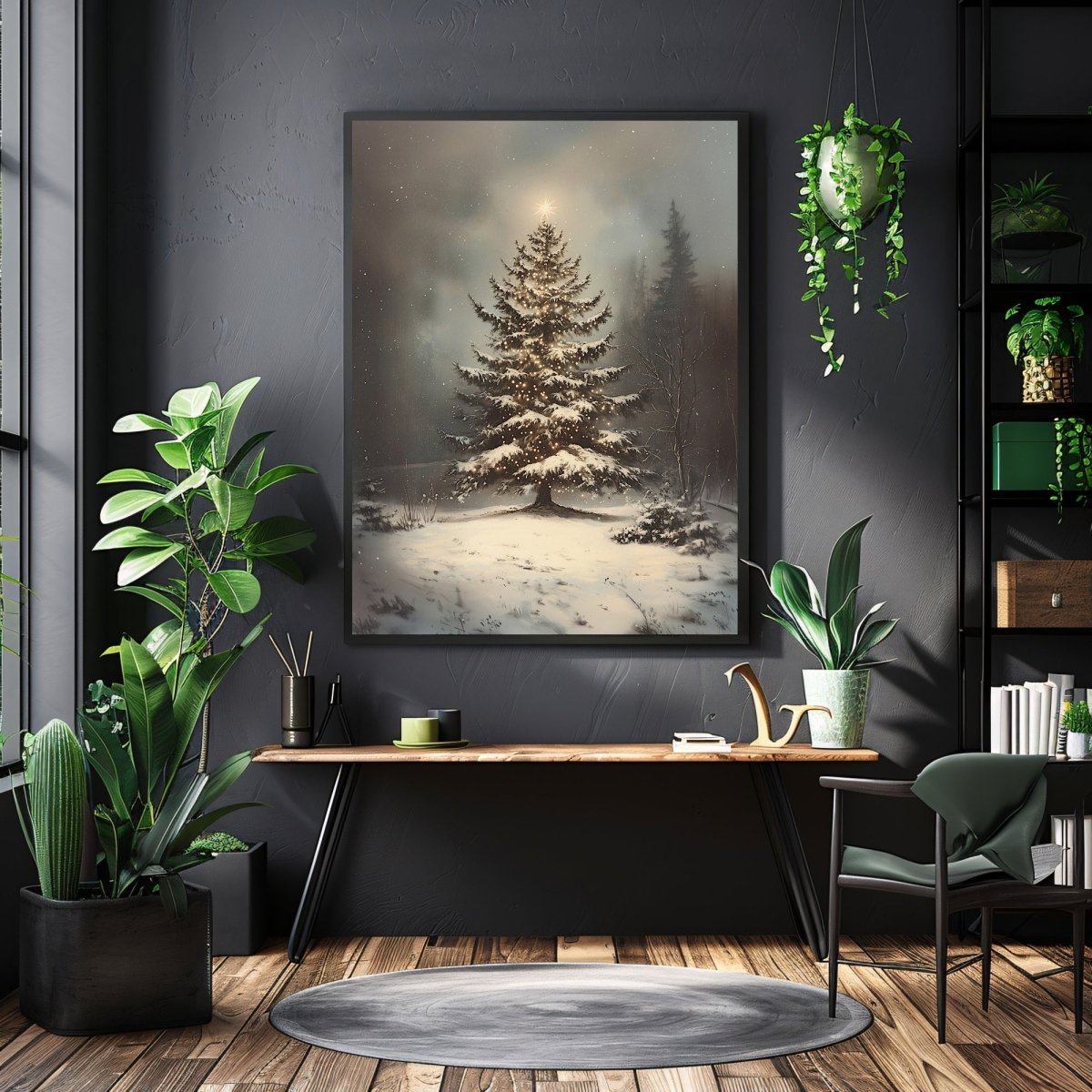 Serene Christmas Tree Wall Art Print – Peaceful Snowy Landscape with Glowing Lights - Everything Pixel