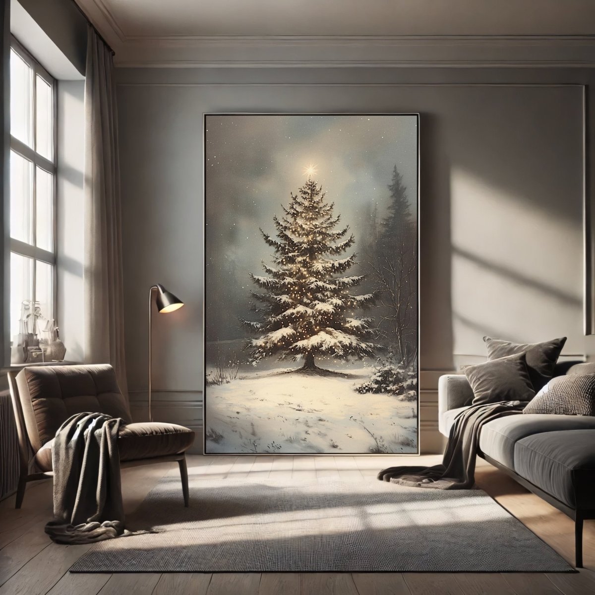 Serene Christmas Tree Wall Art Print – Peaceful Snowy Landscape with Glowing Lights - Everything Pixel