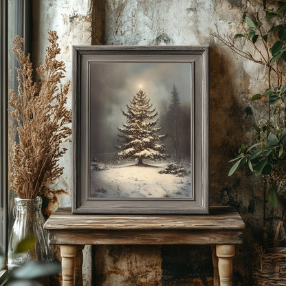 Serene Christmas Tree Wall Art Print – Peaceful Snowy Landscape with Glowing Lights - Everything Pixel