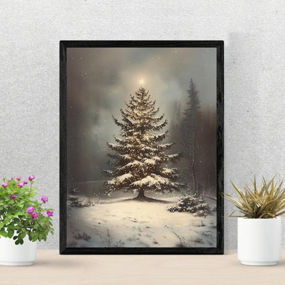 Serene Christmas Tree Wall Art Print – Peaceful Snowy Landscape with Glowing Lights - Everything Pixel