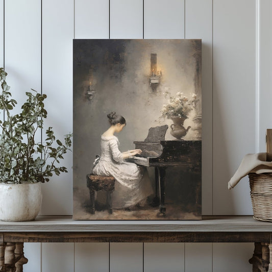 Serene Lady Playing Piano Canvas Print - Timeless Victorian Music Room Decor, Classical Romantic Woman Portrait Art - Everything Pixel