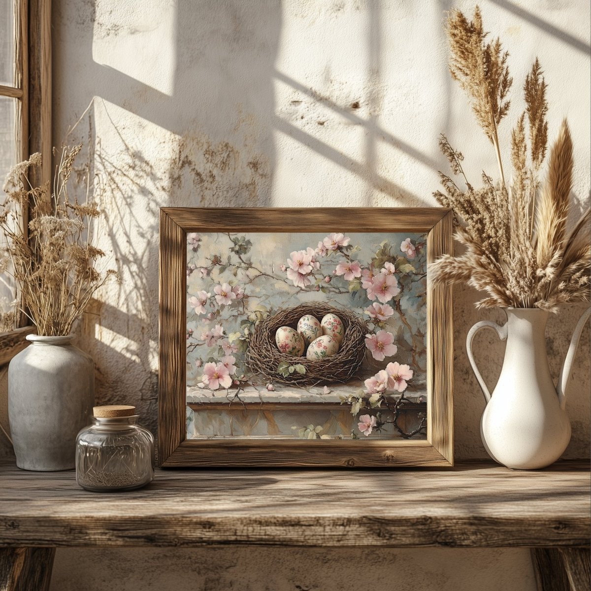 Serene Spring Nest Wall Art Print – Floral Eggs and Blossoms Rustic Decor - Everything Pixel