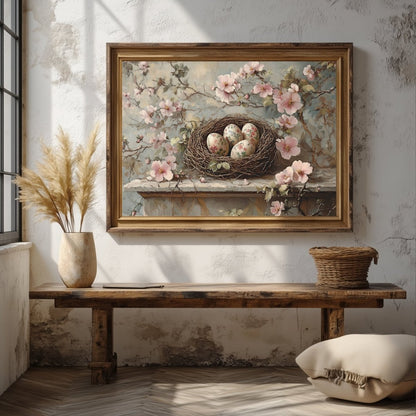 Serene Spring Nest Wall Art Print – Floral Eggs and Blossoms Rustic Decor - Everything Pixel