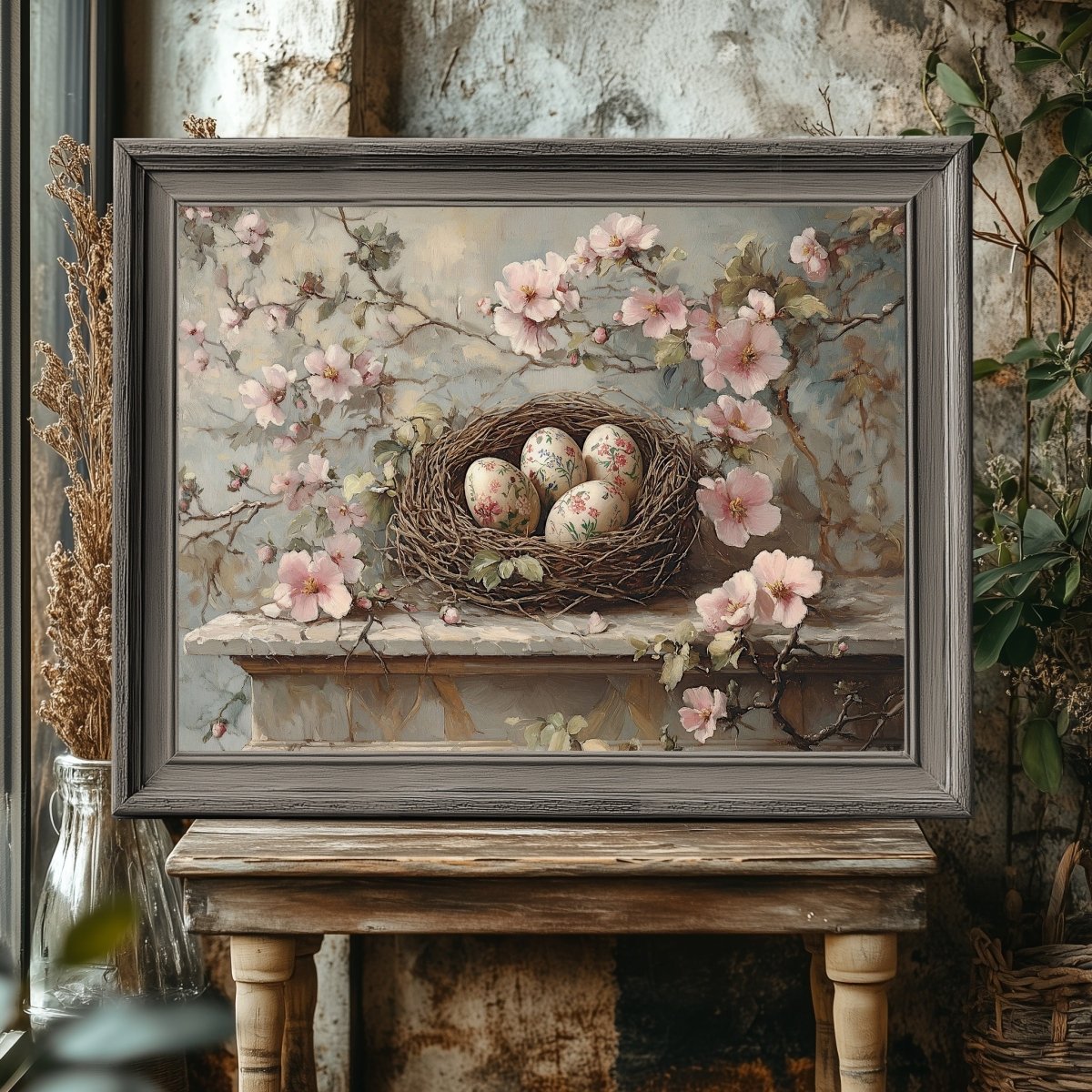 Serene Spring Nest Wall Art Print – Floral Eggs and Blossoms Rustic Decor - Everything Pixel