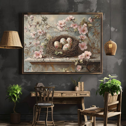 Serene Spring Nest Wall Art Print – Floral Eggs and Blossoms Rustic Decor - Everything Pixel