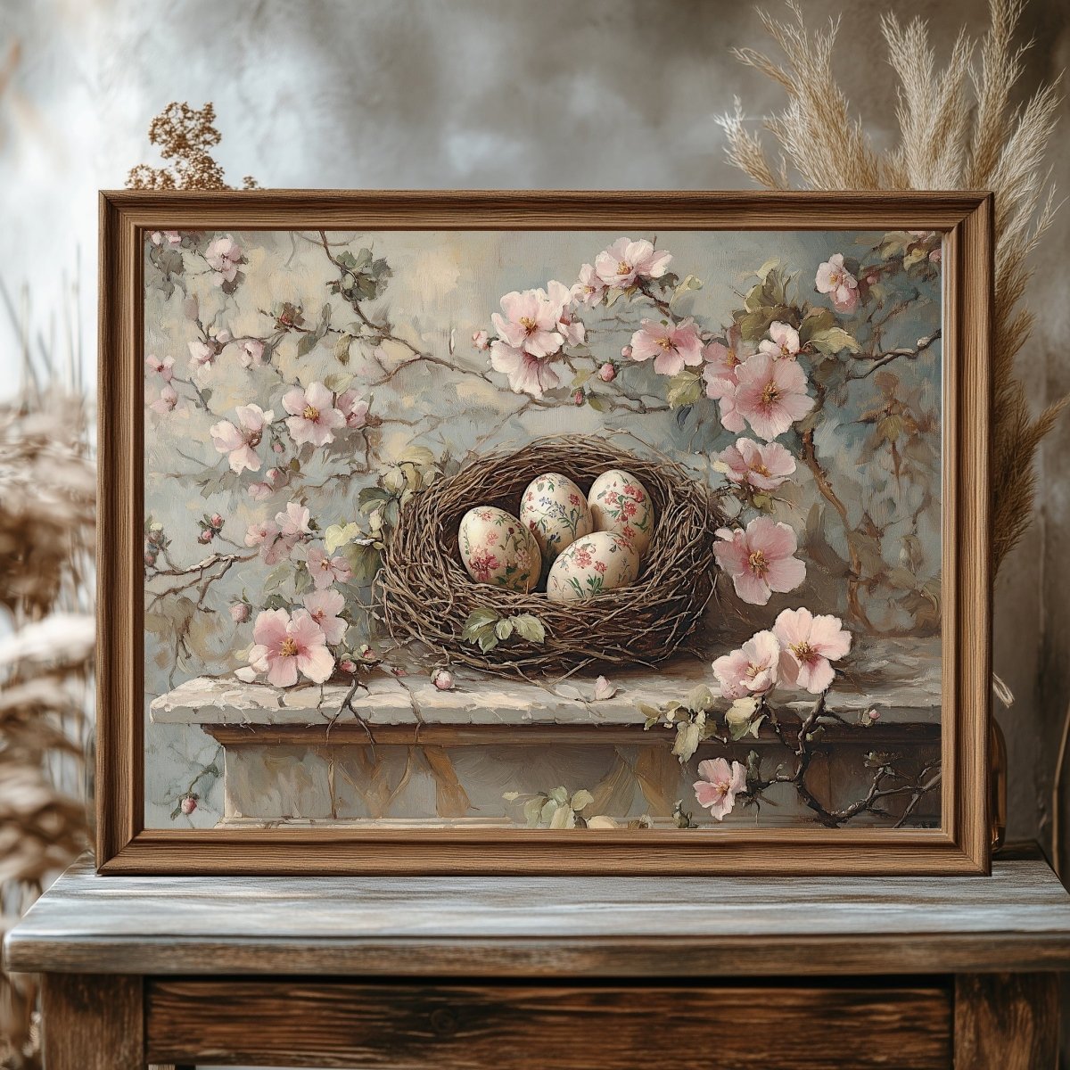 Serene Spring Nest Wall Art Print – Floral Eggs and Blossoms Rustic Decor - Everything Pixel