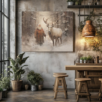 Serene Winter Santa and Reindeer Canvas Print - Farmhouse Christmas Art, Vintage Holiday Decor, Rustic Snowy Forest Scene - Everything Pixel