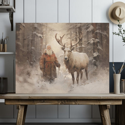 Serene Winter Santa and Reindeer Canvas Print - Farmhouse Christmas Art, Vintage Holiday Decor, Rustic Snowy Forest Scene - Everything Pixel