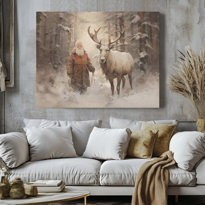 Serene Winter Santa and Reindeer Canvas Print - Farmhouse Christmas Art, Vintage Holiday Decor, Rustic Snowy Forest Scene - Everything Pixel
