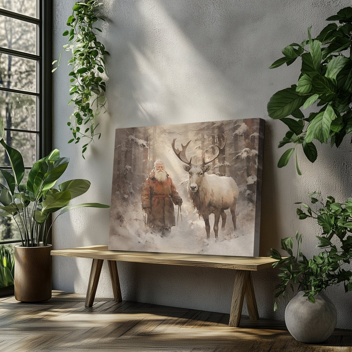 Serene Winter Santa and Reindeer Canvas Print - Farmhouse Christmas Art, Vintage Holiday Decor, Rustic Snowy Forest Scene - Everything Pixel