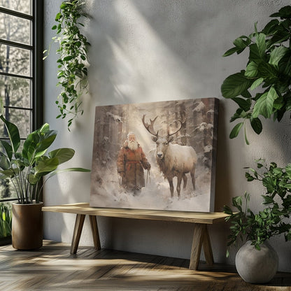 Serene Winter Santa and Reindeer Canvas Print - Farmhouse Christmas Art, Vintage Holiday Decor, Rustic Snowy Forest Scene - Everything Pixel