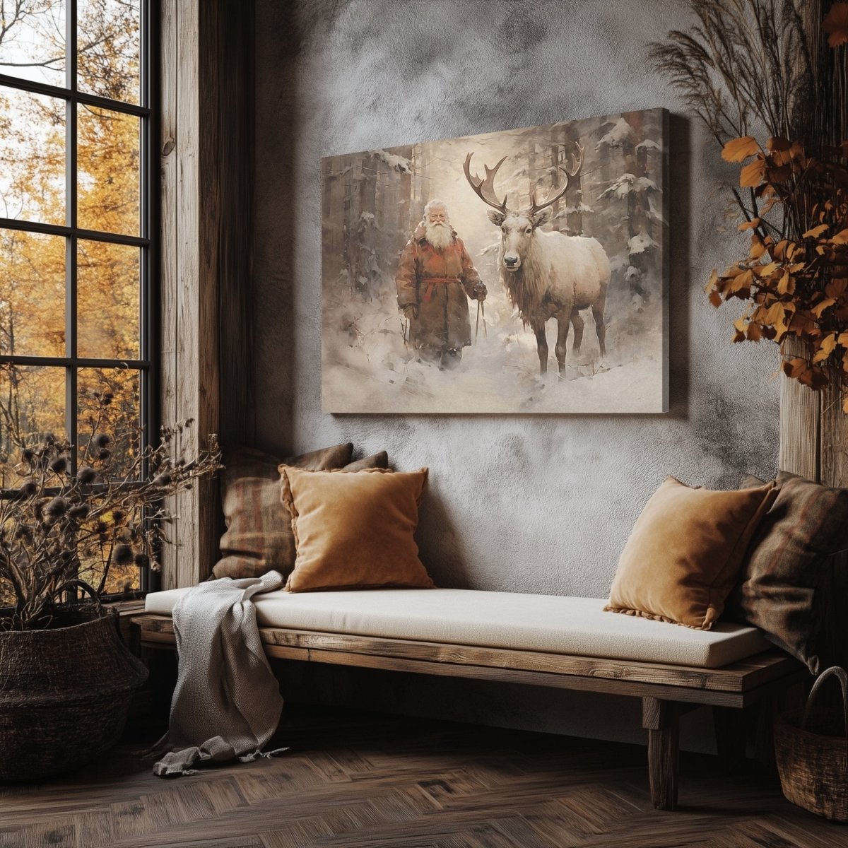 Serene Winter Santa and Reindeer Canvas Print - Farmhouse Christmas Art, Vintage Holiday Decor, Rustic Snowy Forest Scene - Everything Pixel