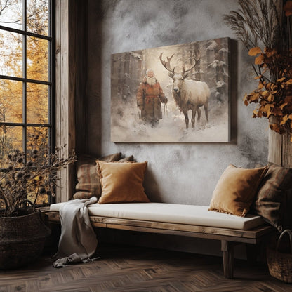 Serene Winter Santa and Reindeer Canvas Print - Farmhouse Christmas Art, Vintage Holiday Decor, Rustic Snowy Forest Scene - Everything Pixel
