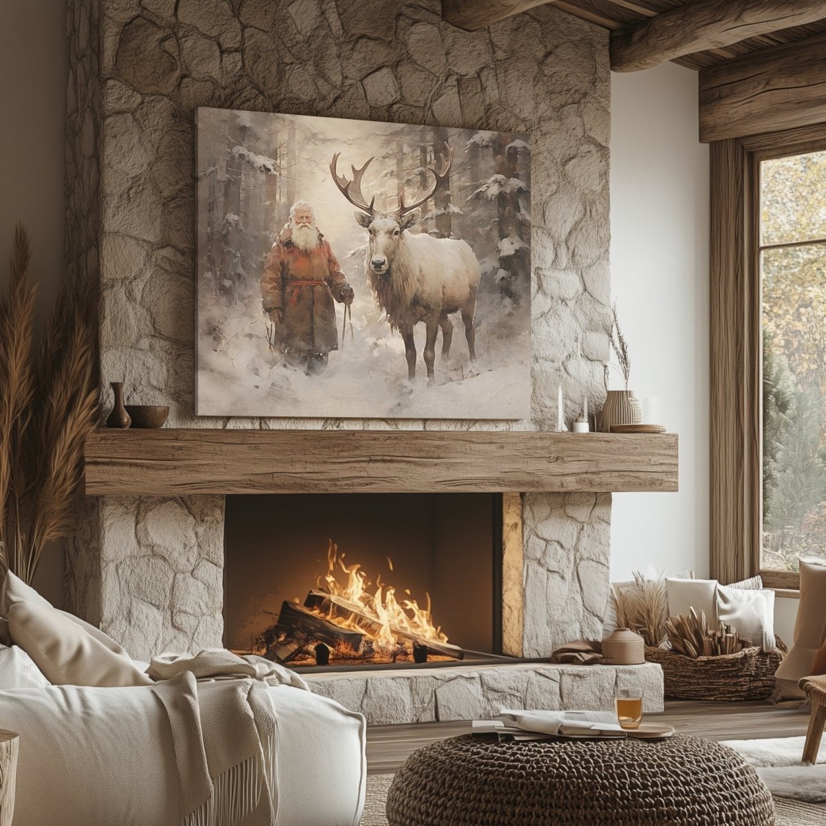 Serene Winter Santa and Reindeer Canvas Print - Farmhouse Christmas Art, Vintage Holiday Decor, Rustic Snowy Forest Scene - Everything Pixel
