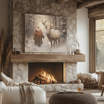 Serene Winter Santa and Reindeer Canvas Print - Farmhouse Christmas Art, Vintage Holiday Decor, Rustic Snowy Forest Scene - Everything Pixel