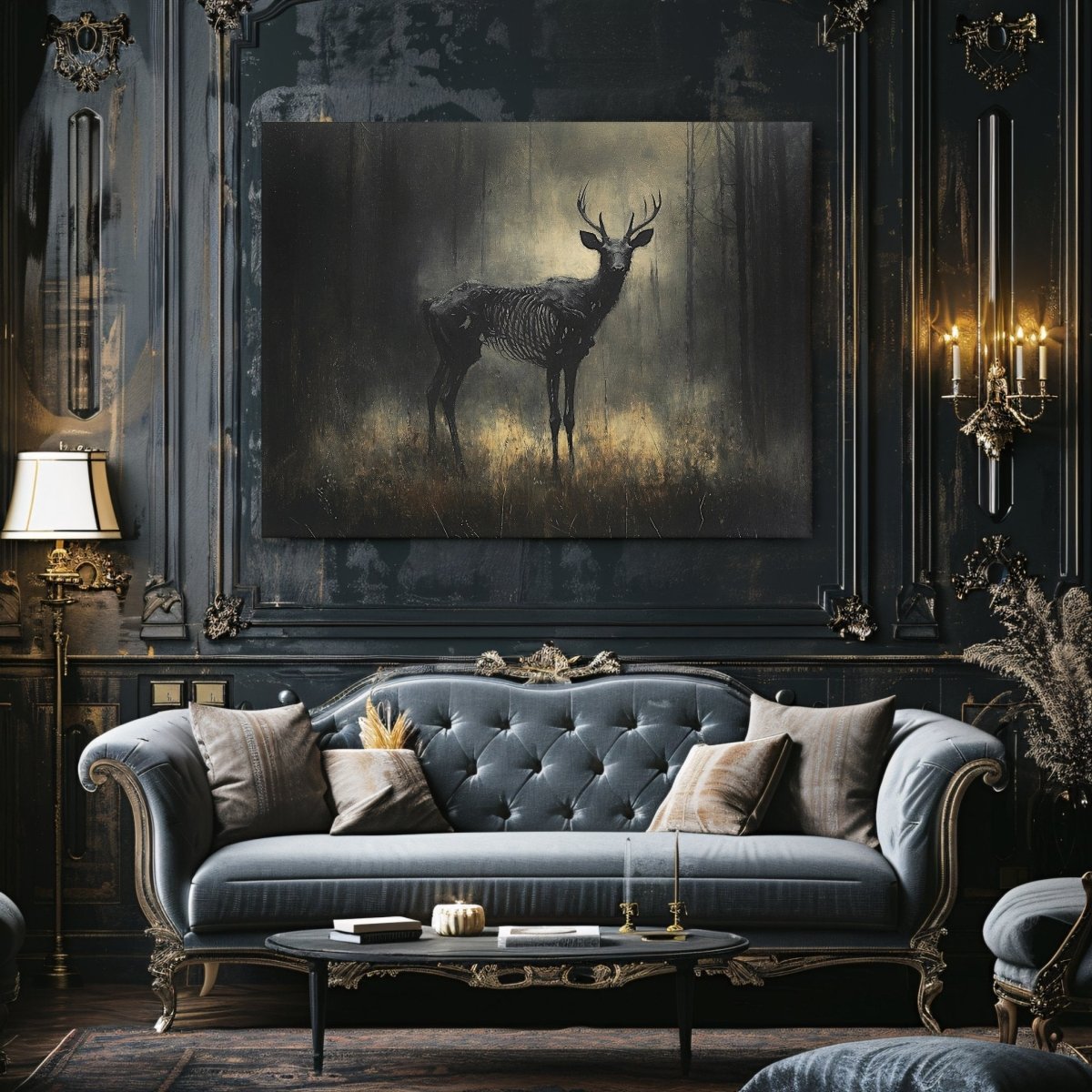 Skeletal Stag Canvas Print – Gothic Mystical Deer in a Haunted Forest Setting - Everything Pixel