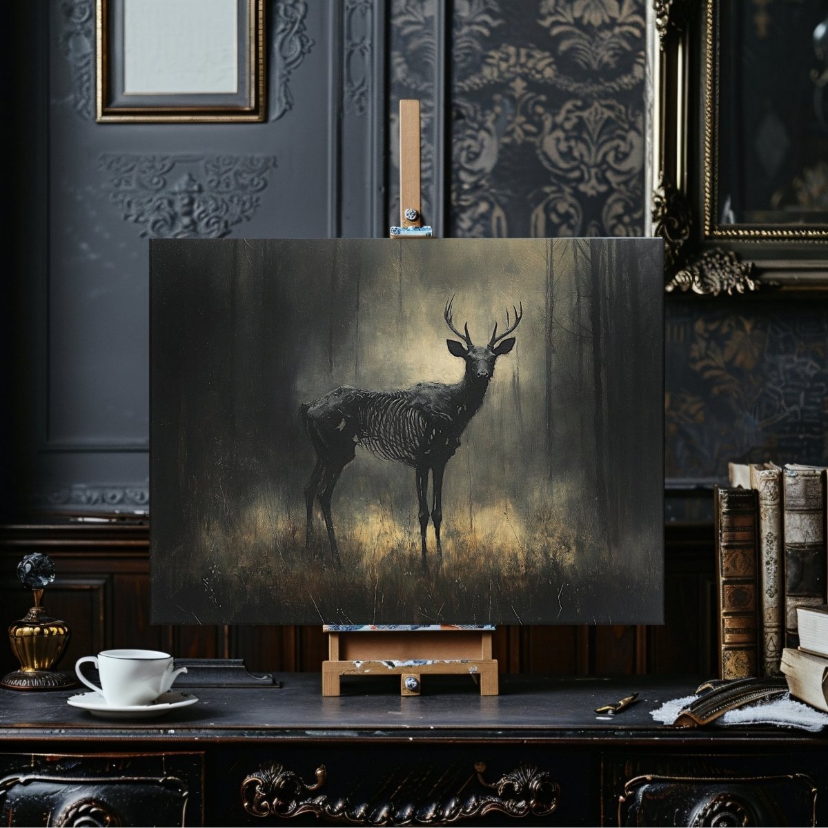 Skeletal Stag Canvas Print – Gothic Mystical Deer in a Haunted Forest Setting - Everything Pixel